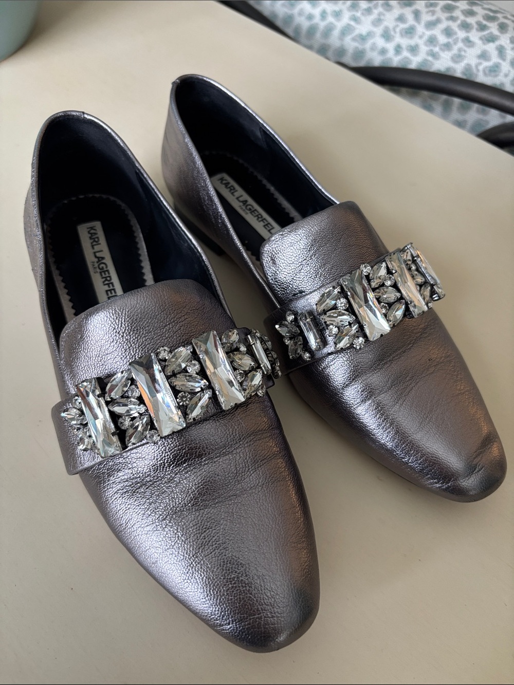 Karl Lagerfeld Pewter Metallic Jeweled Loafers
